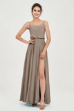 Spaghetti Straps Chiffon A Line Bridesmaid Dress Long Ruched Formal Evening Dresses with Slit