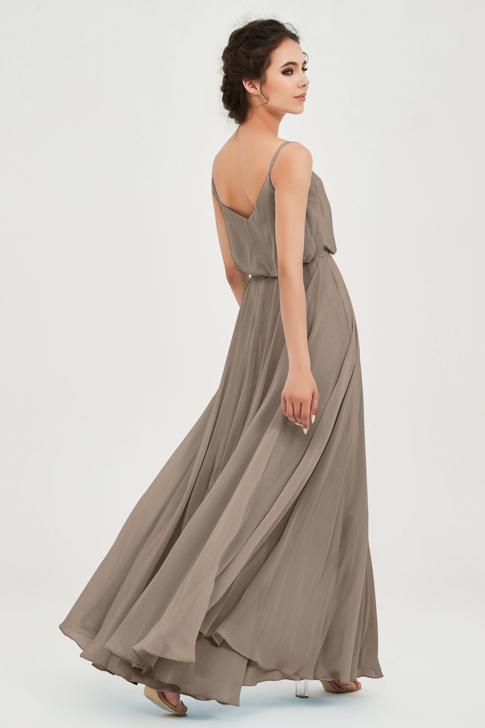 Spaghetti Straps Chiffon A Line Bridesmaid Dress Long Ruched Formal Evening Dresses with Slit