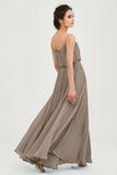 Spaghetti Straps Chiffon A Line Bridesmaid Dress Long Ruched Formal Evening Dresses with Slit