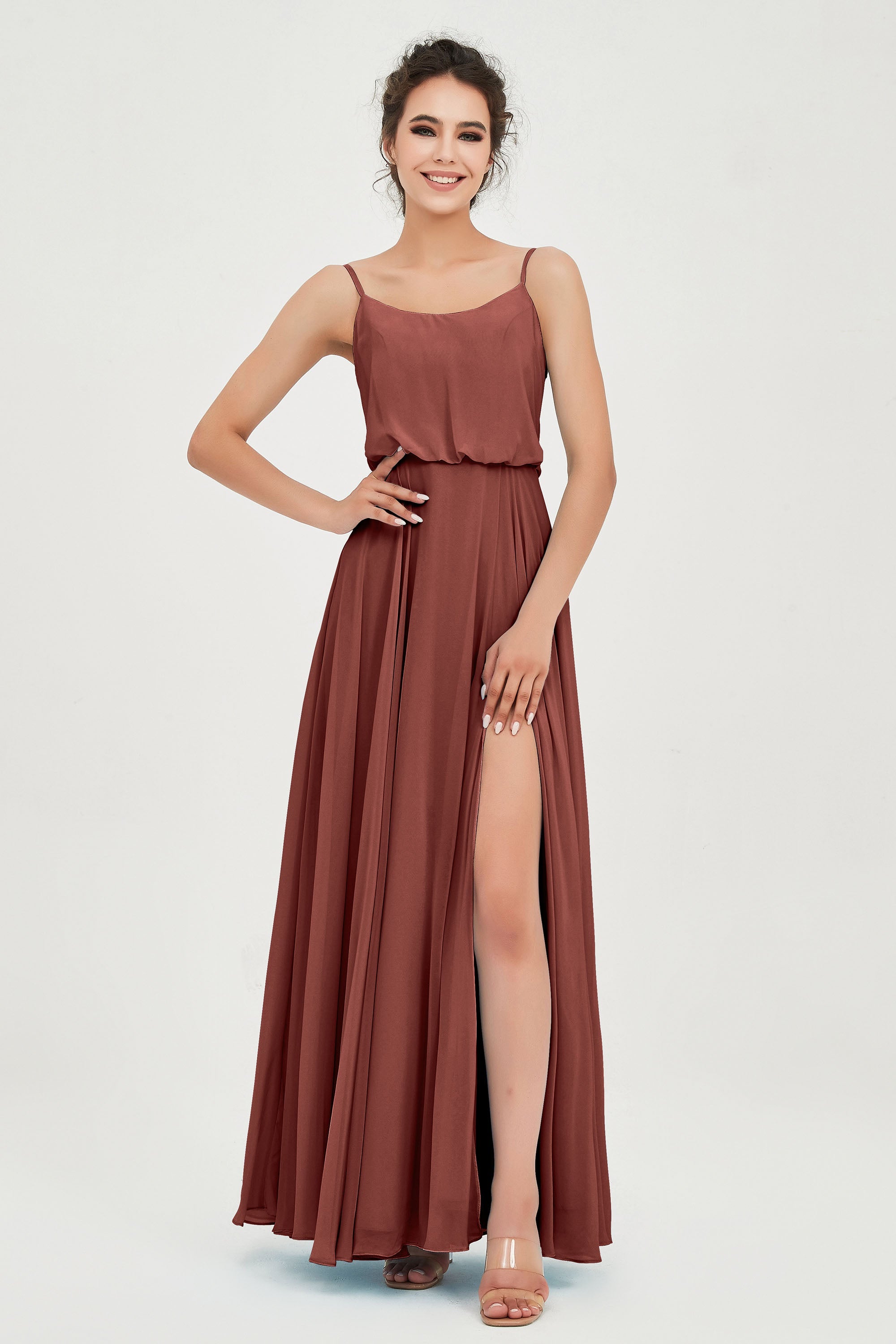 Spaghetti Straps Chiffon A Line Bridesmaid Dress Long Ruched Formal Evening Dresses with Slit