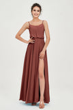 Spaghetti Straps Chiffon A Line Bridesmaid Dress Long Ruched Formal Evening Dresses with Slit