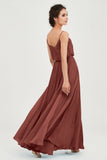 Spaghetti Straps Chiffon A Line Bridesmaid Dress Long Ruched Formal Evening Dresses with Slit