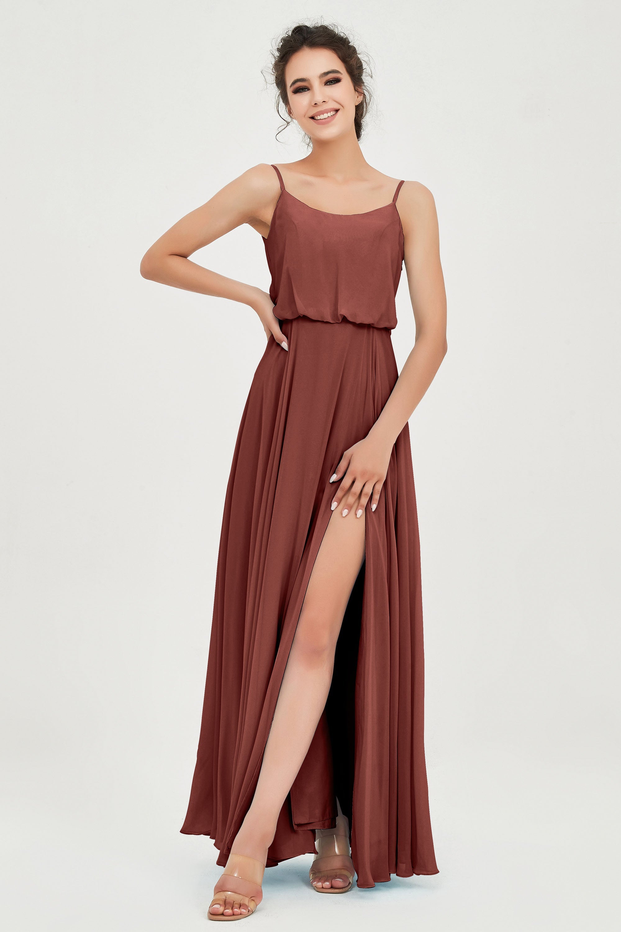 Spaghetti Straps Chiffon A Line Bridesmaid Dress Long Ruched Formal Evening Dresses with Slit