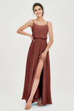Spaghetti Straps Chiffon A Line Bridesmaid Dress Long Ruched Formal Evening Dresses with Slit