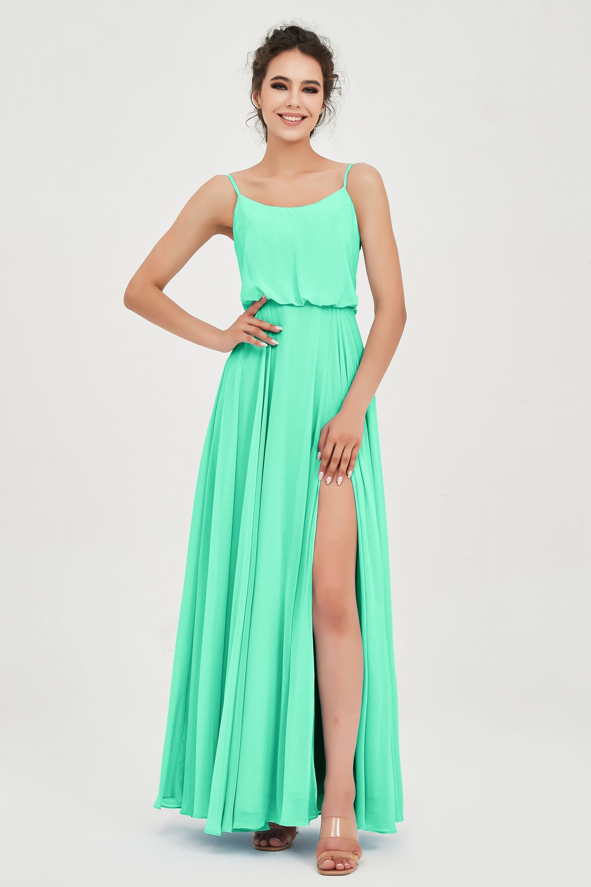 Spaghetti Straps Chiffon A Line Bridesmaid Dress Long Ruched Formal Evening Dresses with Slit