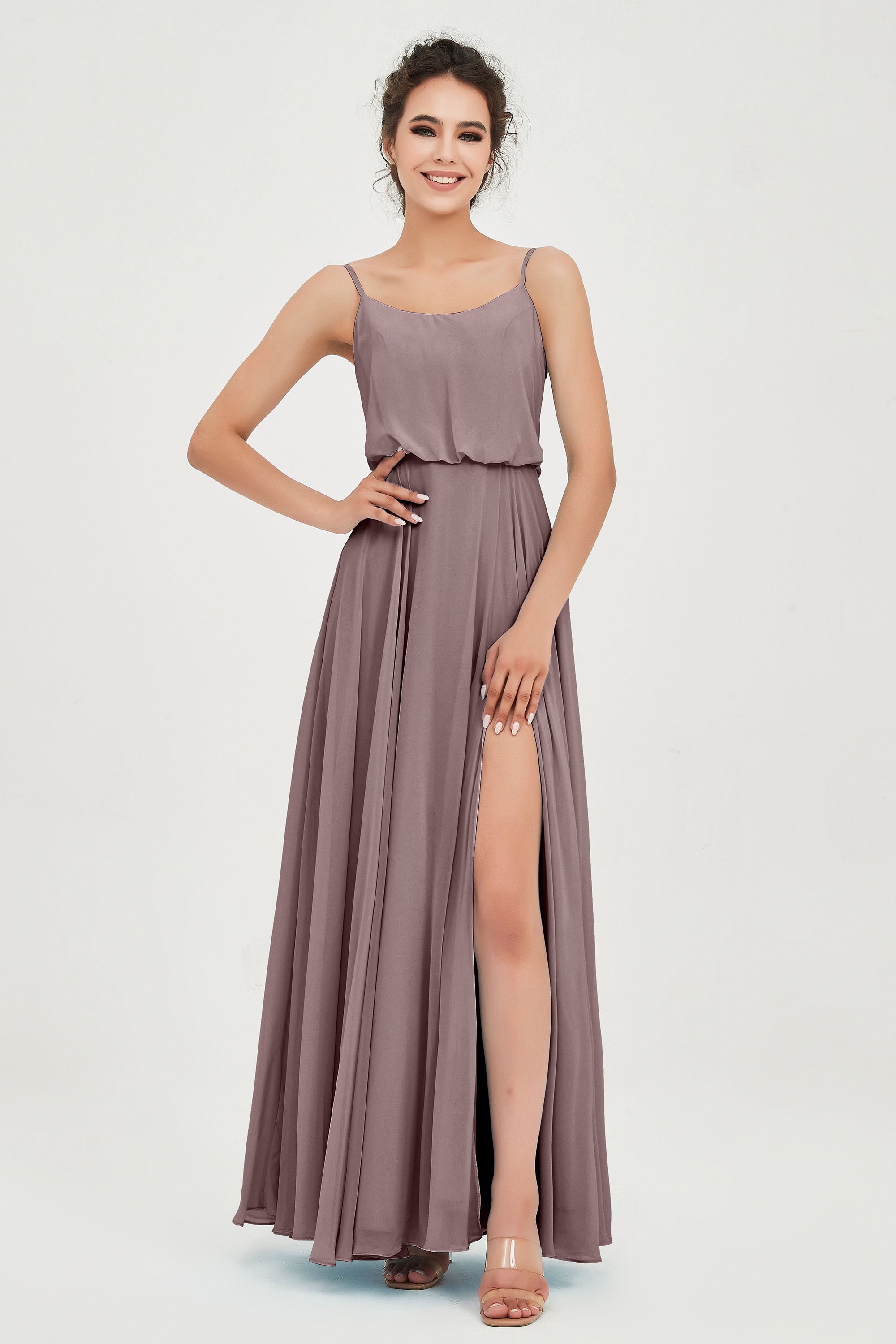 Spaghetti Straps Chiffon A Line Bridesmaid Dress Long Ruched Formal Evening Dresses with Slit