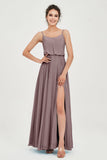 Spaghetti Straps Chiffon A Line Bridesmaid Dress Long Ruched Formal Evening Dresses with Slit