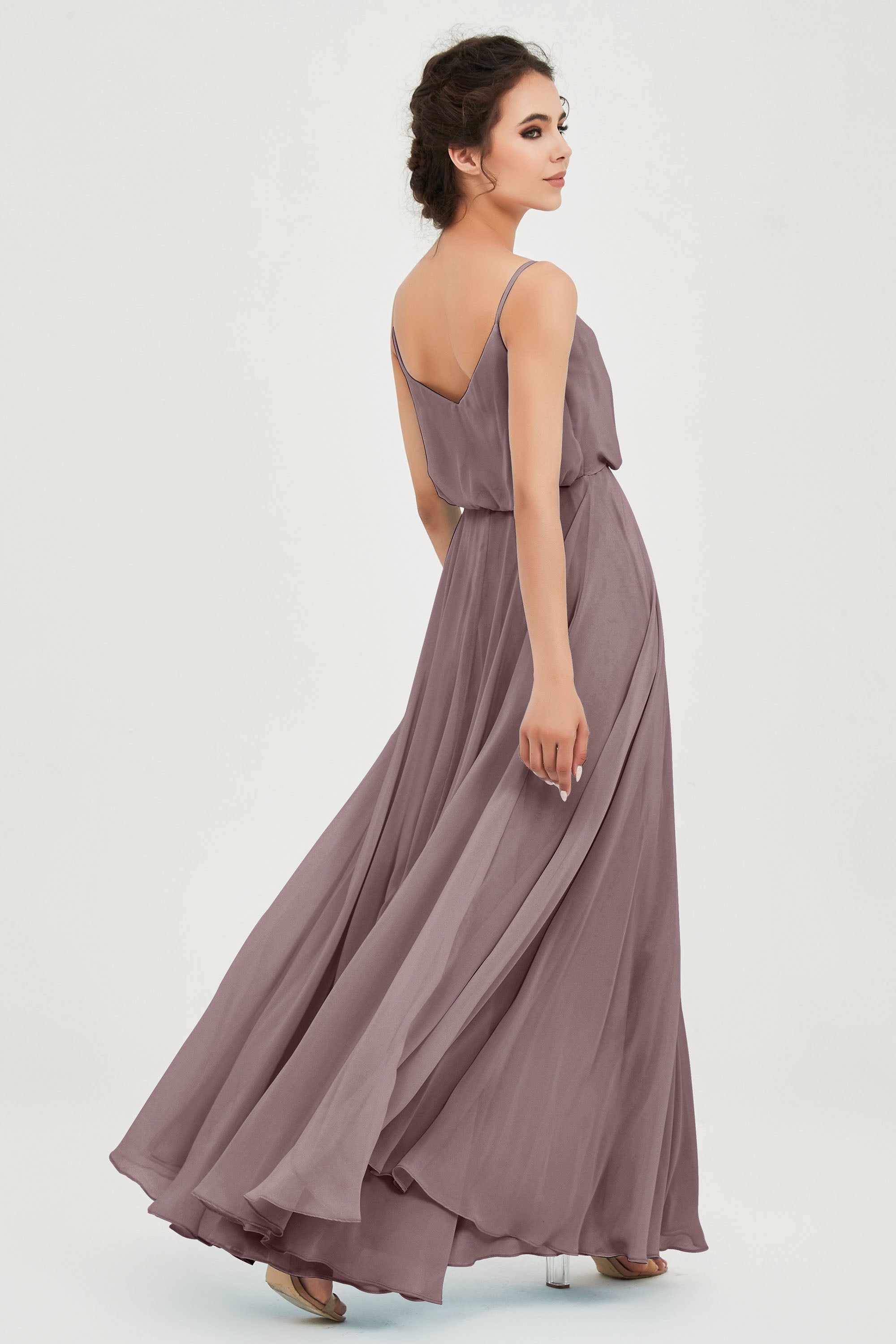 Spaghetti Straps Chiffon A Line Bridesmaid Dress Long Ruched Formal Evening Dresses with Slit