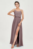 Spaghetti Straps Chiffon A Line Bridesmaid Dress Long Ruched Formal Evening Dresses with Slit