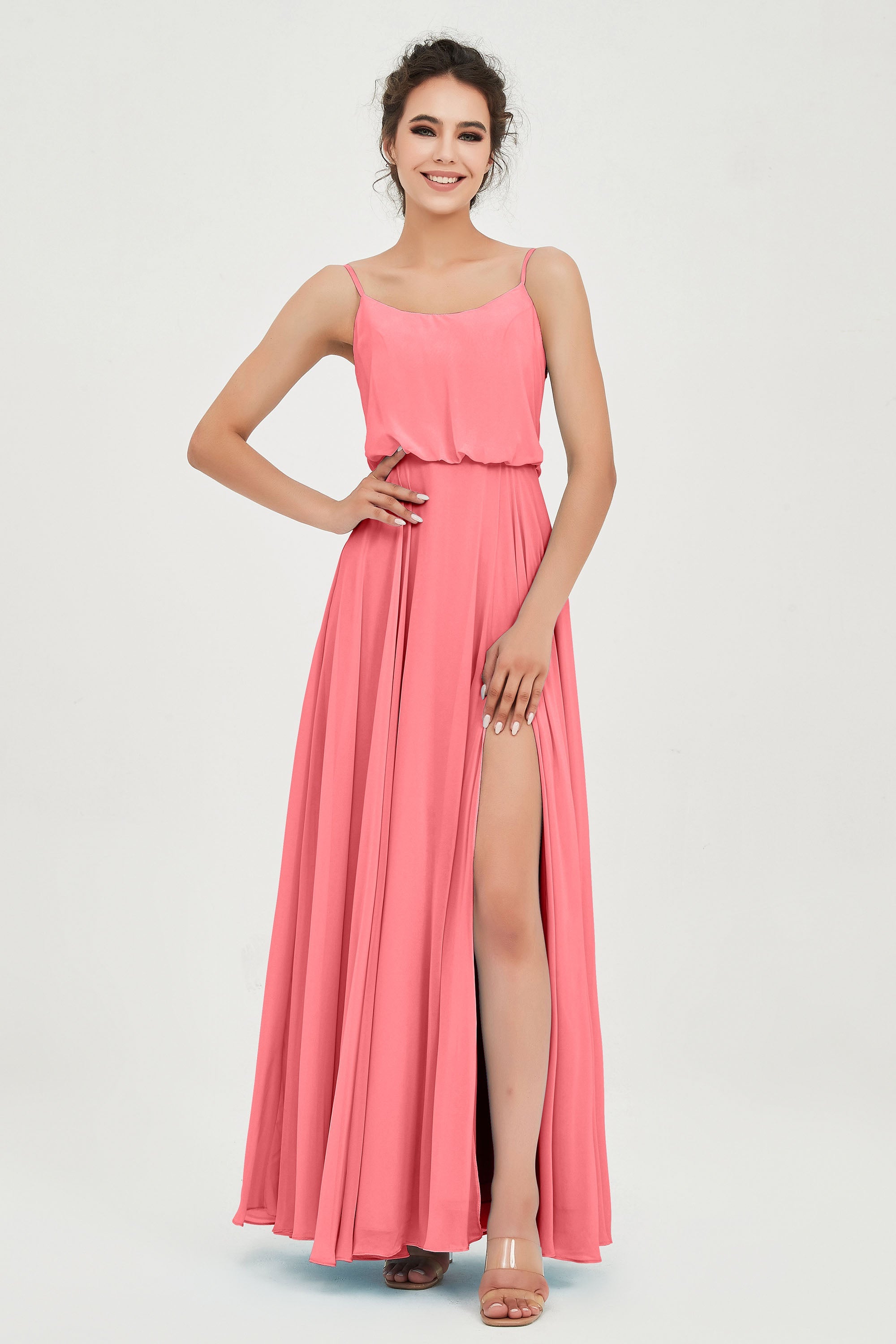 Spaghetti Straps Chiffon A Line Bridesmaid Dress Long Ruched Formal Evening Dresses with Slit