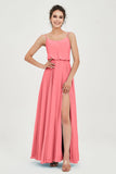Spaghetti Straps Chiffon A Line Bridesmaid Dress Long Ruched Formal Evening Dresses with Slit