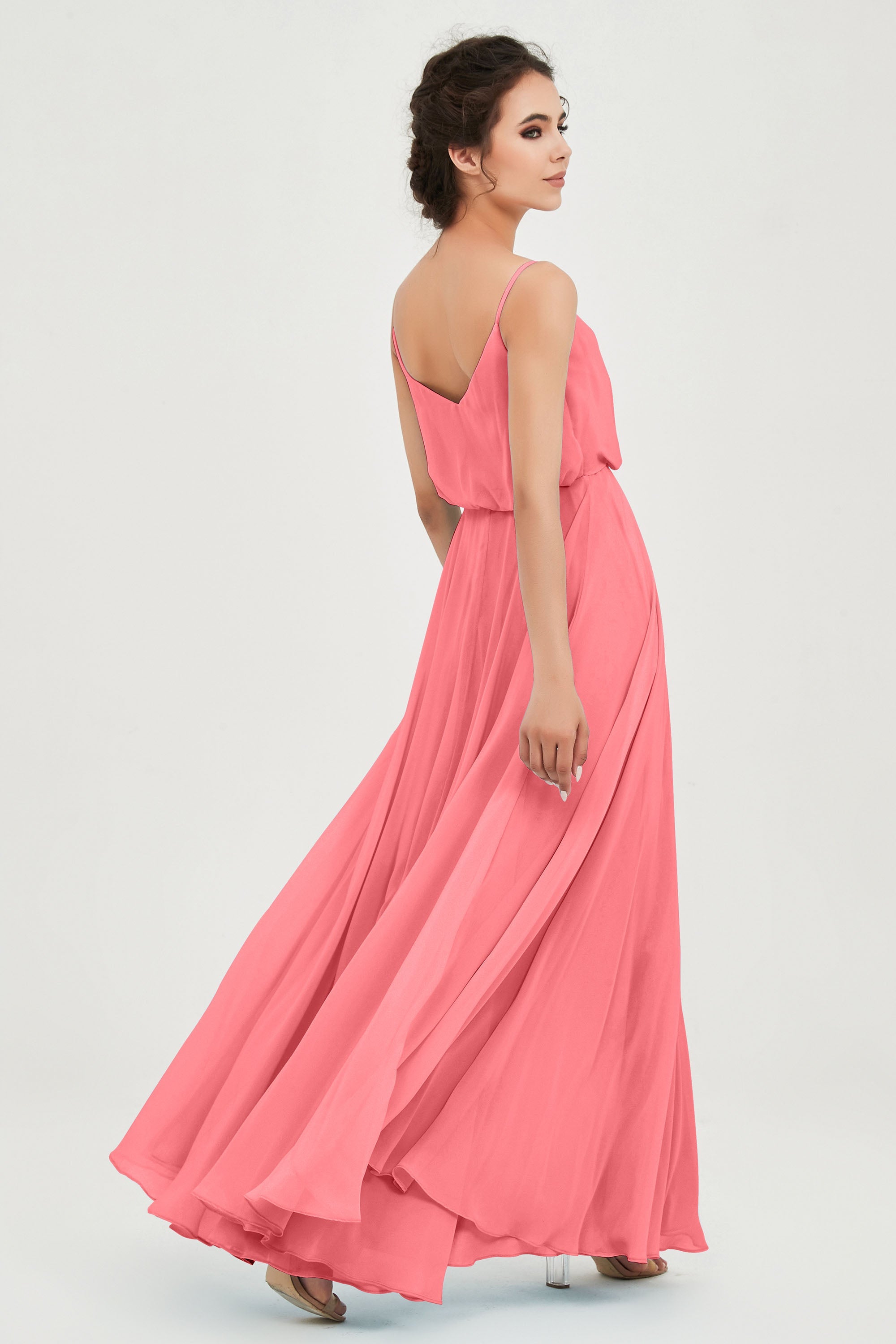 Spaghetti Straps Chiffon A Line Bridesmaid Dress Long Ruched Formal Evening Dresses with Slit