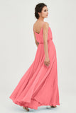 Spaghetti Straps Chiffon A Line Bridesmaid Dress Long Ruched Formal Evening Dresses with Slit