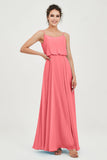 Spaghetti Straps Chiffon A Line Bridesmaid Dress Long Ruched Formal Evening Dresses with Slit