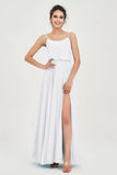 Spaghetti Straps Chiffon A Line Bridesmaid Dress Long Ruched Formal Evening Dresses with Slit
