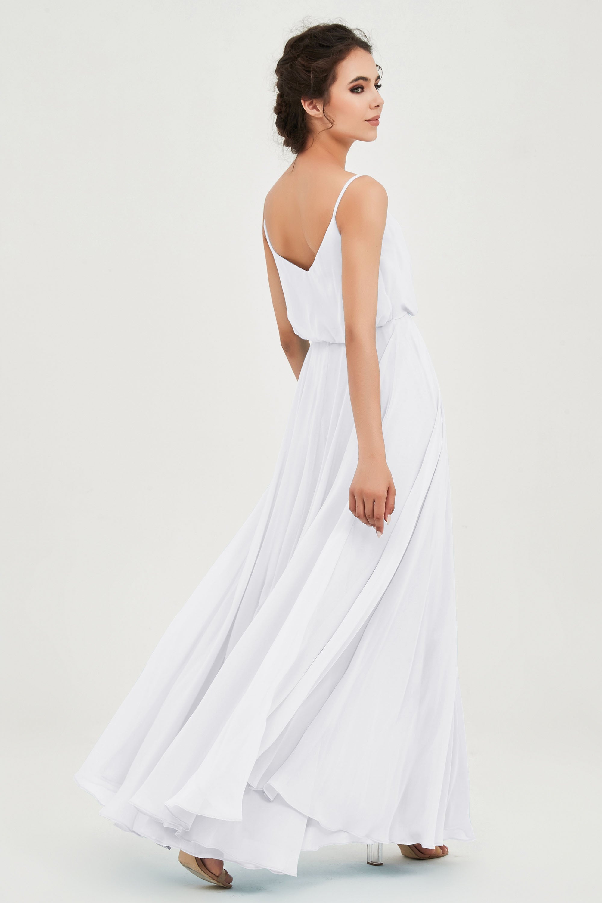 Spaghetti Straps Chiffon A Line Bridesmaid Dress Long Ruched Formal Evening Dresses with Slit
