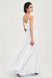 Spaghetti Straps Chiffon A Line Bridesmaid Dress Long Ruched Formal Evening Dresses with Slit