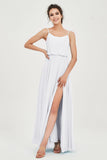 Spaghetti Straps Chiffon A Line Bridesmaid Dress Long Ruched Formal Evening Dresses with Slit