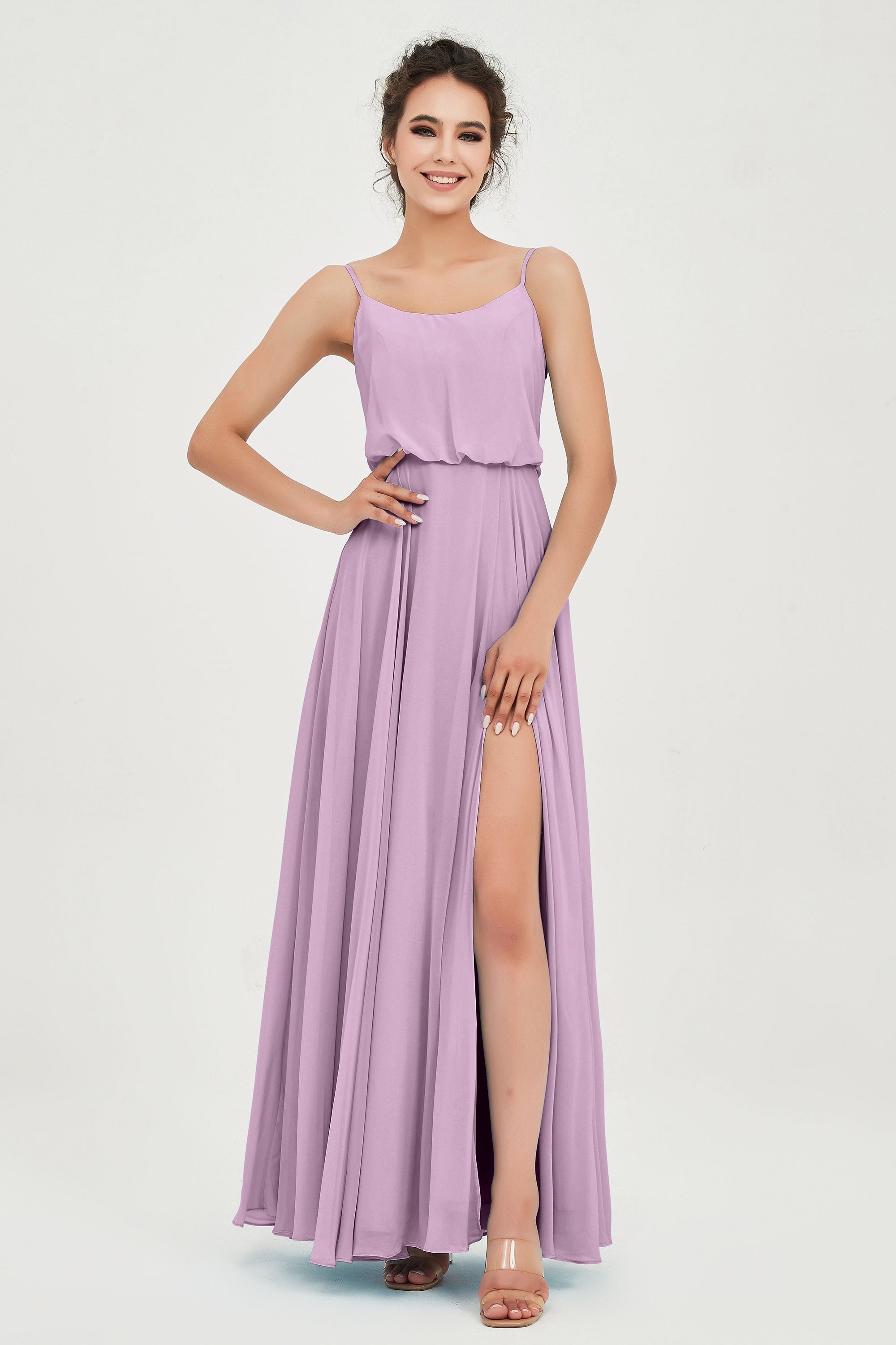 Spaghetti Straps Chiffon A Line Bridesmaid Dress Long Ruched Formal Evening Dresses with Slit