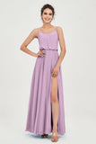 Spaghetti Straps Chiffon A Line Bridesmaid Dress Long Ruched Formal Evening Dresses with Slit
