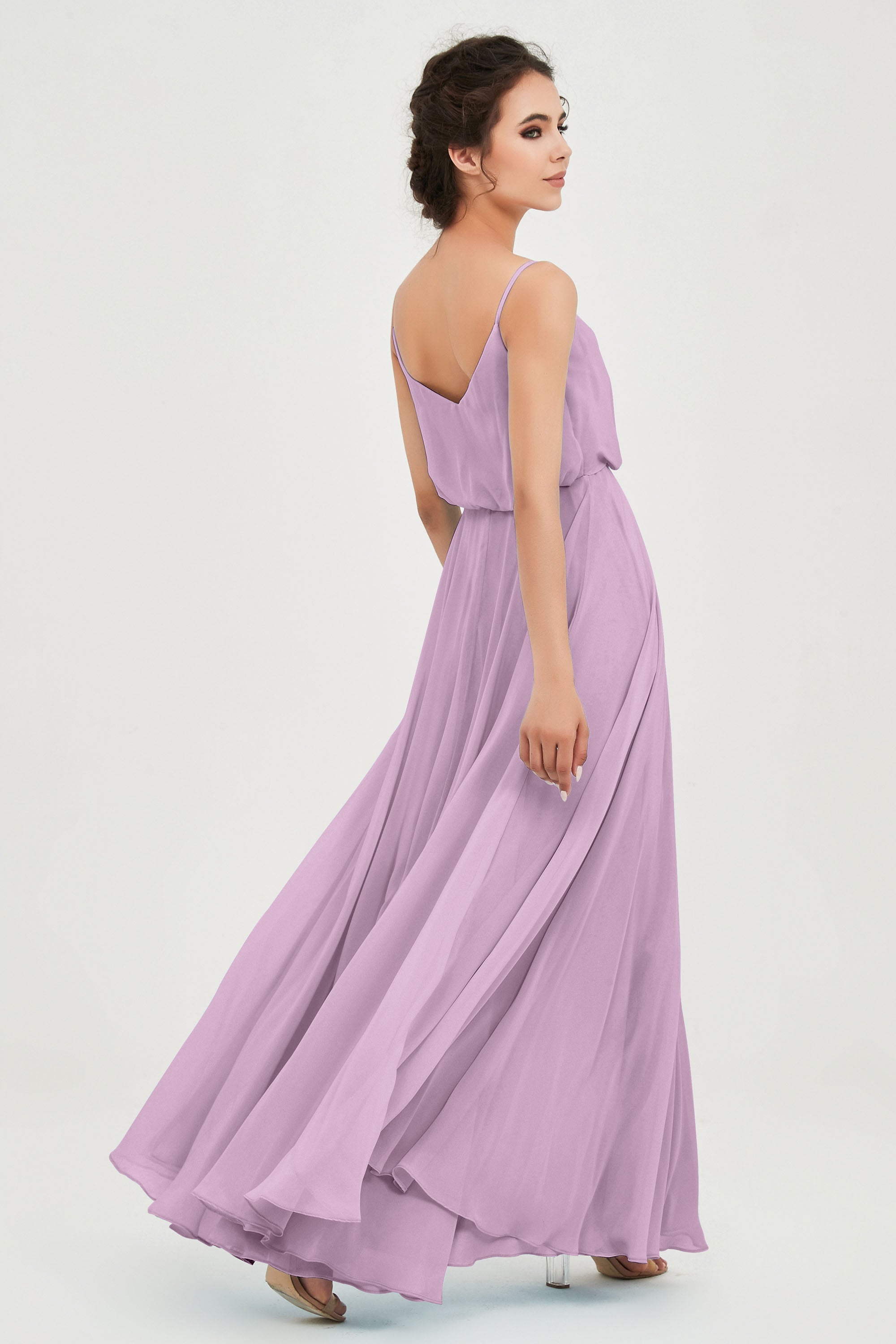 Spaghetti Straps Chiffon A Line Bridesmaid Dress Long Ruched Formal Evening Dresses with Slit