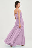 Spaghetti Straps Chiffon A Line Bridesmaid Dress Long Ruched Formal Evening Dresses with Slit