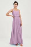 Spaghetti Straps Chiffon A Line Bridesmaid Dress Long Ruched Formal Evening Dresses with Slit
