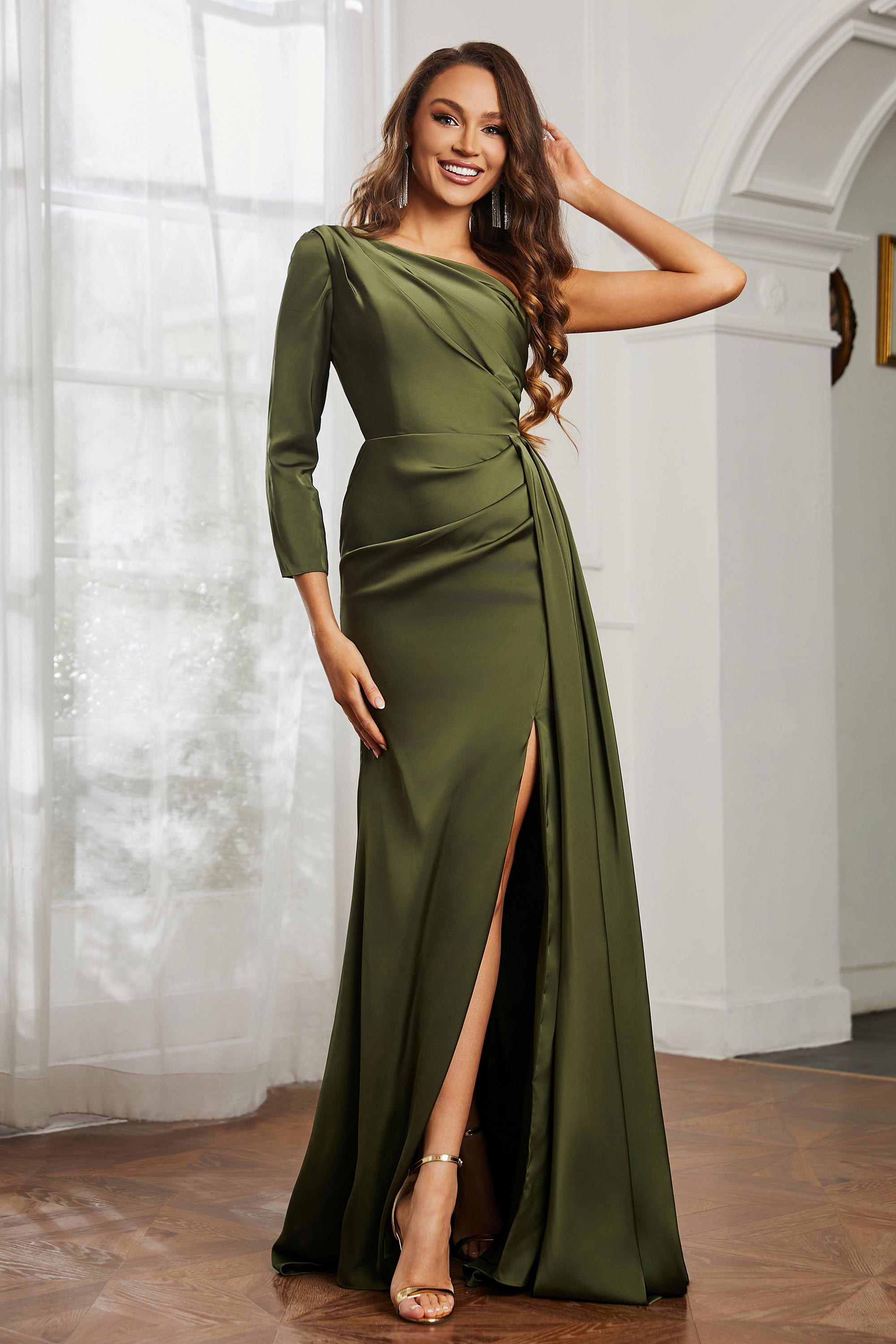 One Shoulder Satin Formal Evening Dresses with Long Sleeves Ruched Prom Party Dress Gowns