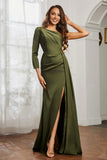 One Shoulder Satin Formal Evening Dresses with Long Sleeves Ruched Prom Party Dress Gowns