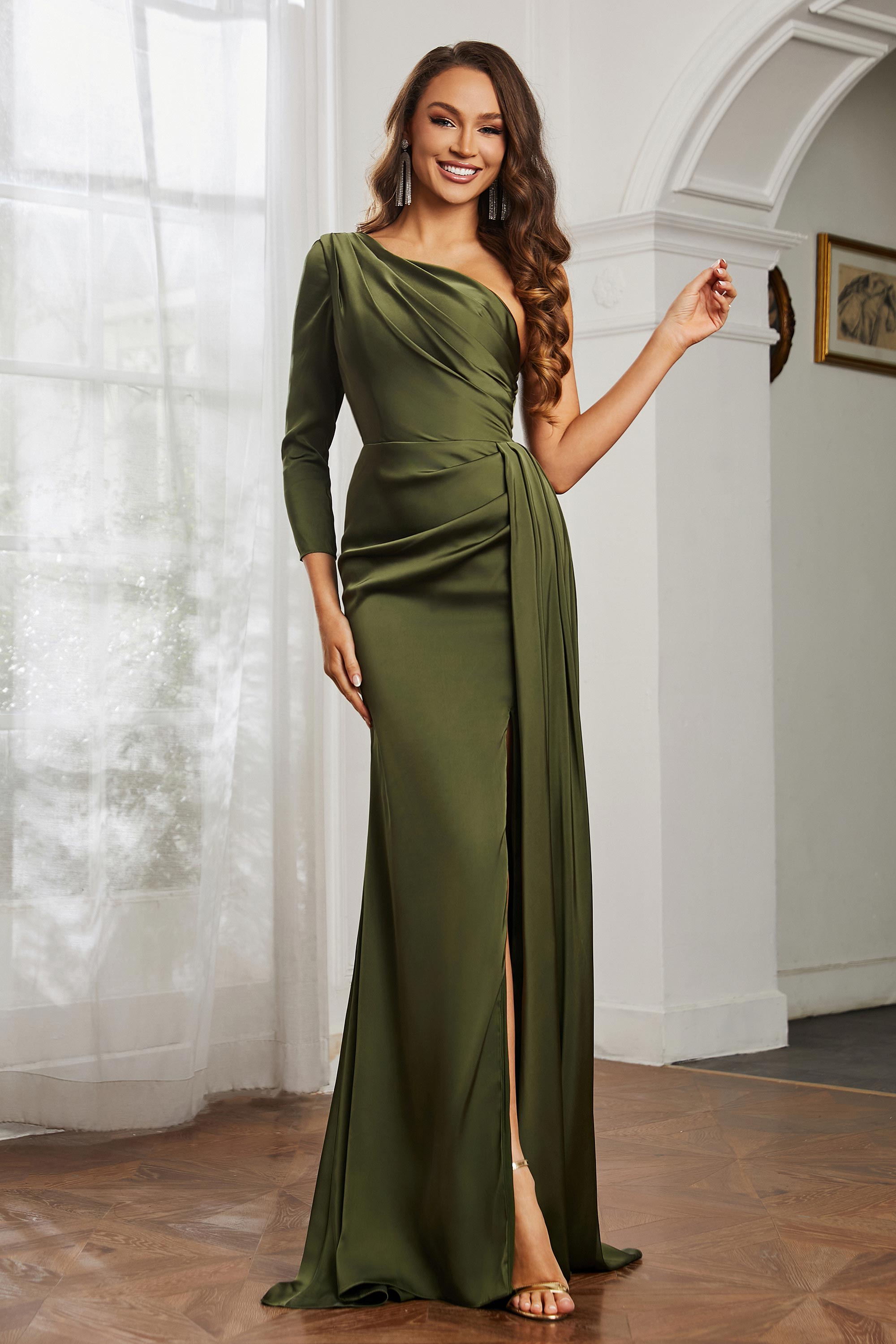One Shoulder Satin Formal Evening Dresses with Long Sleeves Ruched Prom Party Dress Gowns