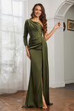 One Shoulder Satin Formal Evening Dresses with Long Sleeves Ruched Prom Party Dress Gowns