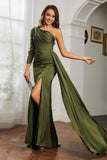 One Shoulder Satin Formal Evening Dresses with Long Sleeves Ruched Prom Party Dress Gowns