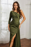 One Shoulder Satin Formal Evening Dresses with Long Sleeves Ruched Prom Party Dress Gowns