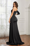 One Shoulder Satin Formal Evening Dresses with Long Sleeves Ruched Prom Party Dress Gowns