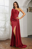 One Shoulder Satin Formal Evening Dresses with Long Sleeves Ruched Prom Party Dress Gowns