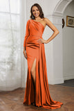One Shoulder Satin Formal Evening Dresses with Long Sleeves Ruched Prom Party Dress Gowns