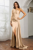 One Shoulder Satin Formal Evening Dresses with Long Sleeves Ruched Prom Party Dress Gowns