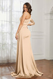 One Shoulder Satin Formal Evening Dresses with Long Sleeves Ruched Prom Party Dress Gowns