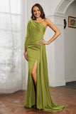 One Shoulder Satin Formal Evening Dresses with Long Sleeves Ruched Prom Party Dress Gowns