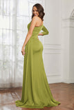 One Shoulder Satin Formal Evening Dresses with Long Sleeves Ruched Prom Party Dress Gowns