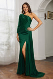 One Shoulder Satin Formal Evening Dresses with Long Sleeves Ruched Prom Party Dress Gowns