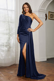 One Shoulder Satin Formal Evening Dresses with Long Sleeves Ruched Prom Party Dress Gowns