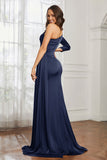 One Shoulder Satin Formal Evening Dresses with Long Sleeves Ruched Prom Party Dress Gowns