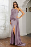 One Shoulder Satin Formal Evening Dresses with Long Sleeves Ruched Prom Party Dress Gowns