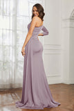 One Shoulder Satin Formal Evening Dresses with Long Sleeves Ruched Prom Party Dress Gowns