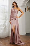 One Shoulder Satin Formal Evening Dresses with Long Sleeves Ruched Prom Party Dress Gowns