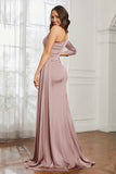 One Shoulder Satin Formal Evening Dresses with Long Sleeves Ruched Prom Party Dress Gowns