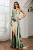 One Shoulder Satin Formal Evening Dresses with Long Sleeves Ruched Prom Party Dress Gowns