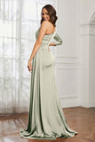 One Shoulder Satin Formal Evening Dresses with Long Sleeves Ruched Prom Party Dress Gowns