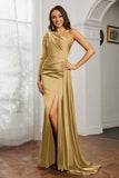 One Shoulder Satin Formal Evening Dresses with Long Sleeves Ruched Prom Party Dress Gowns